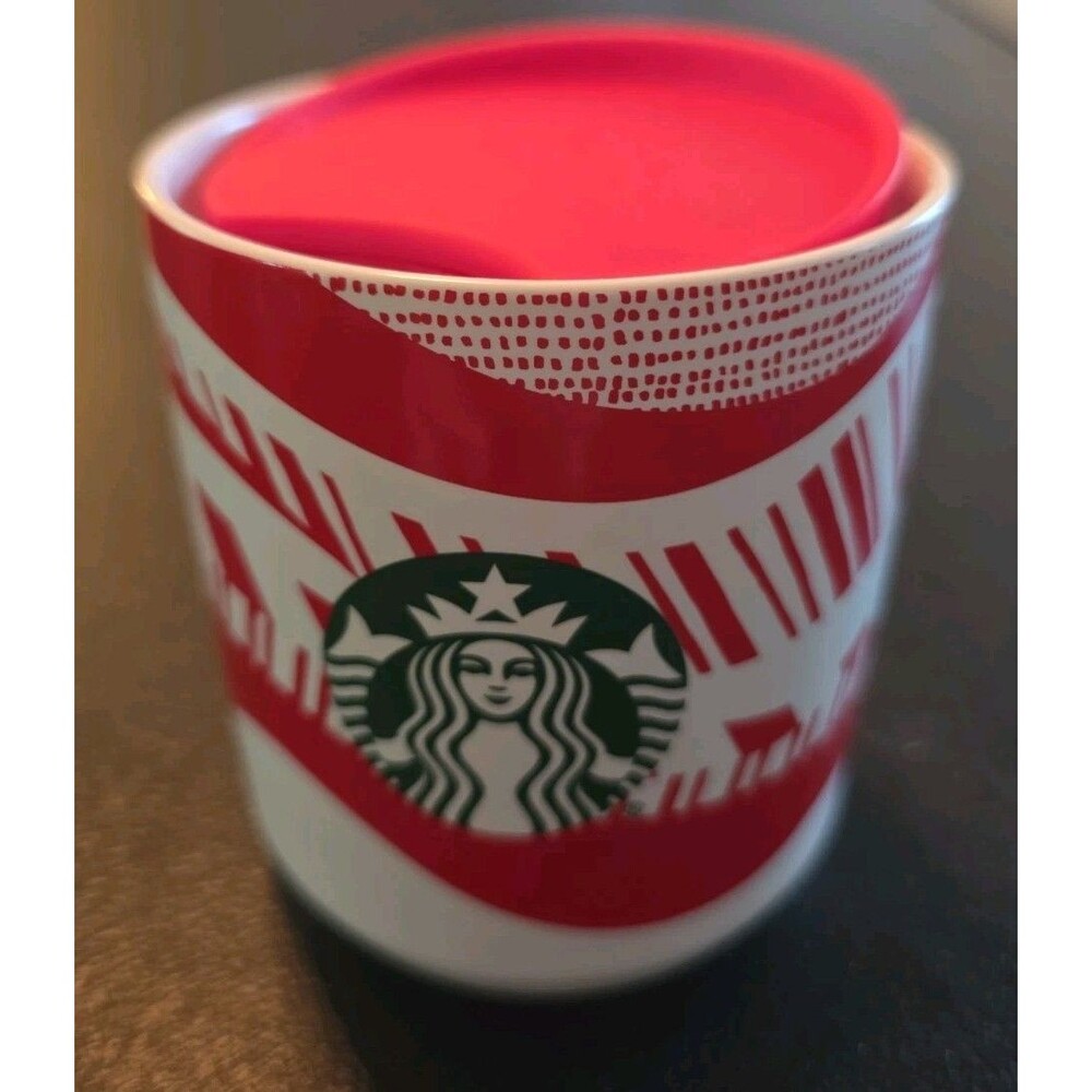Starbucks 2021 Holiday Ceramic Tumbler with lid 8 oz White Red Travel Coffee Mug